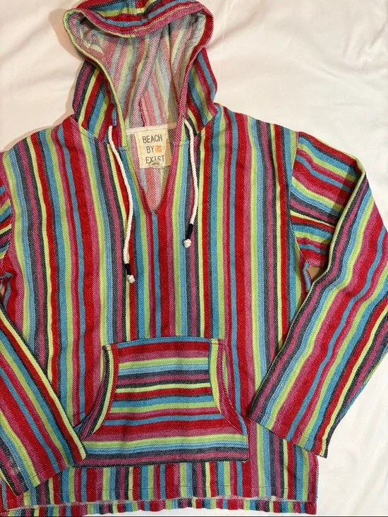Colorful Stripe Baja Hoodie Beach Blanket Drug Rug Rag Style 100% Cotton Swim, L - Picture 1 of 6